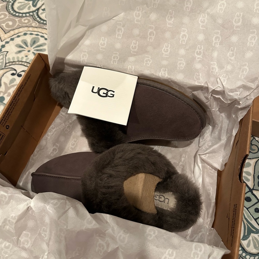 NIB UGG WOMEN'S SCUFFETTE II SUEDE SHEARLING SLIP ON SLIPPERS GRAY